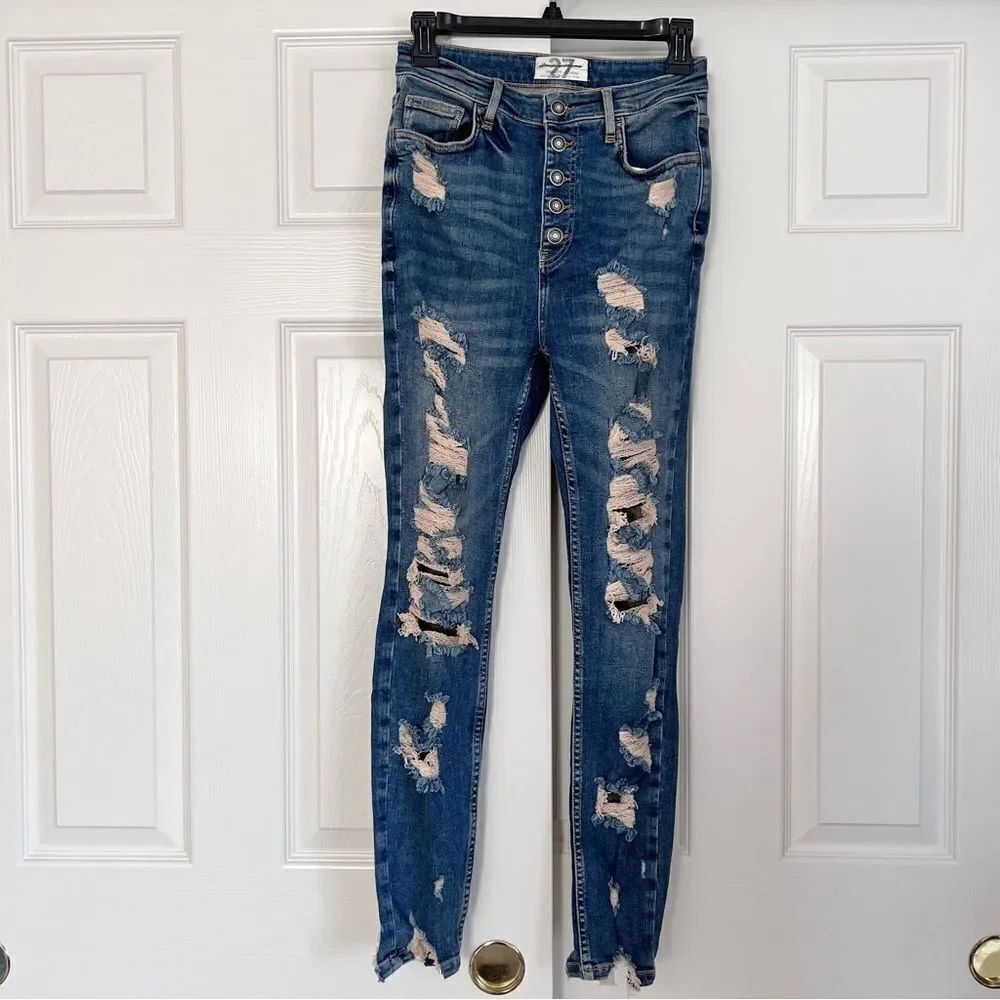 We The Free Button Fly Fray Distressed Slim Fit Jeans Size 27 NWOT